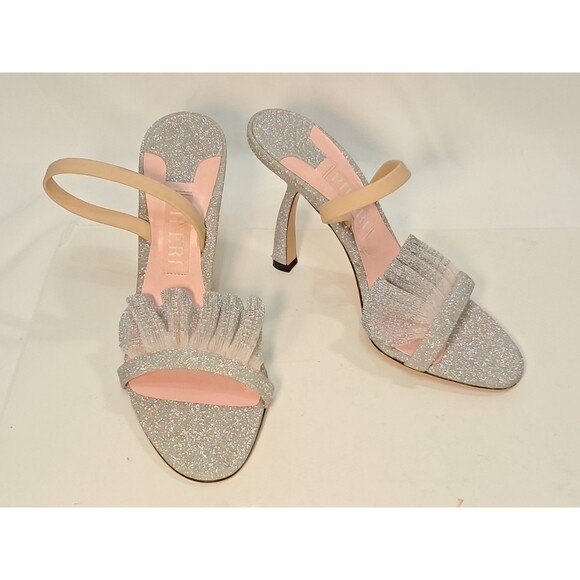 NEW Piferi Silver Izma 100 Glitter Ruffled Slingback Sandal 4" Heels Size 38 - Picture 2 of 12